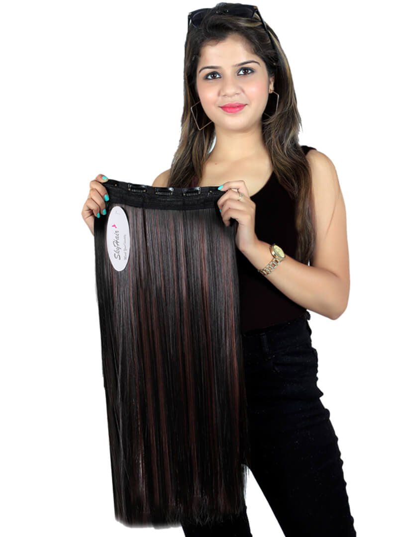5 Clips based Straight 26 Inch Brown with Maroon Highlights Matte Finish Hair Extensions 200 grams - Image 3