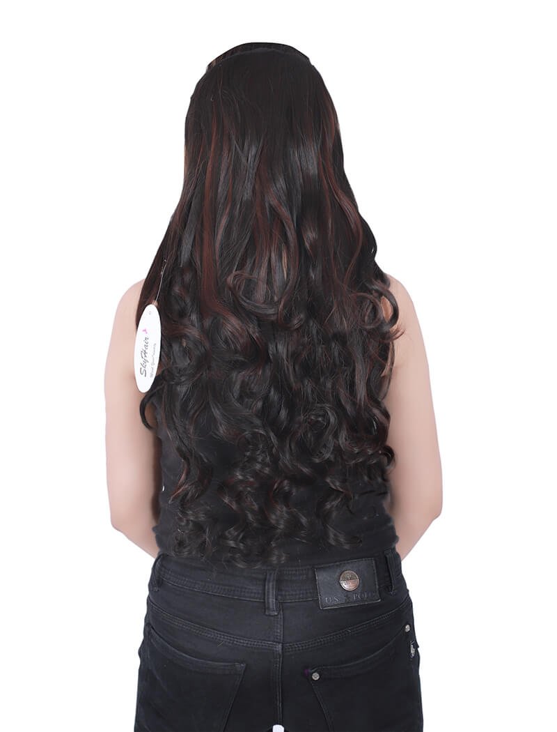 5 Clips based Curly/Wavy 24 Inch Brown with Maroon Highlights Matte Finish Hair Extensions 200 grams - Image 2