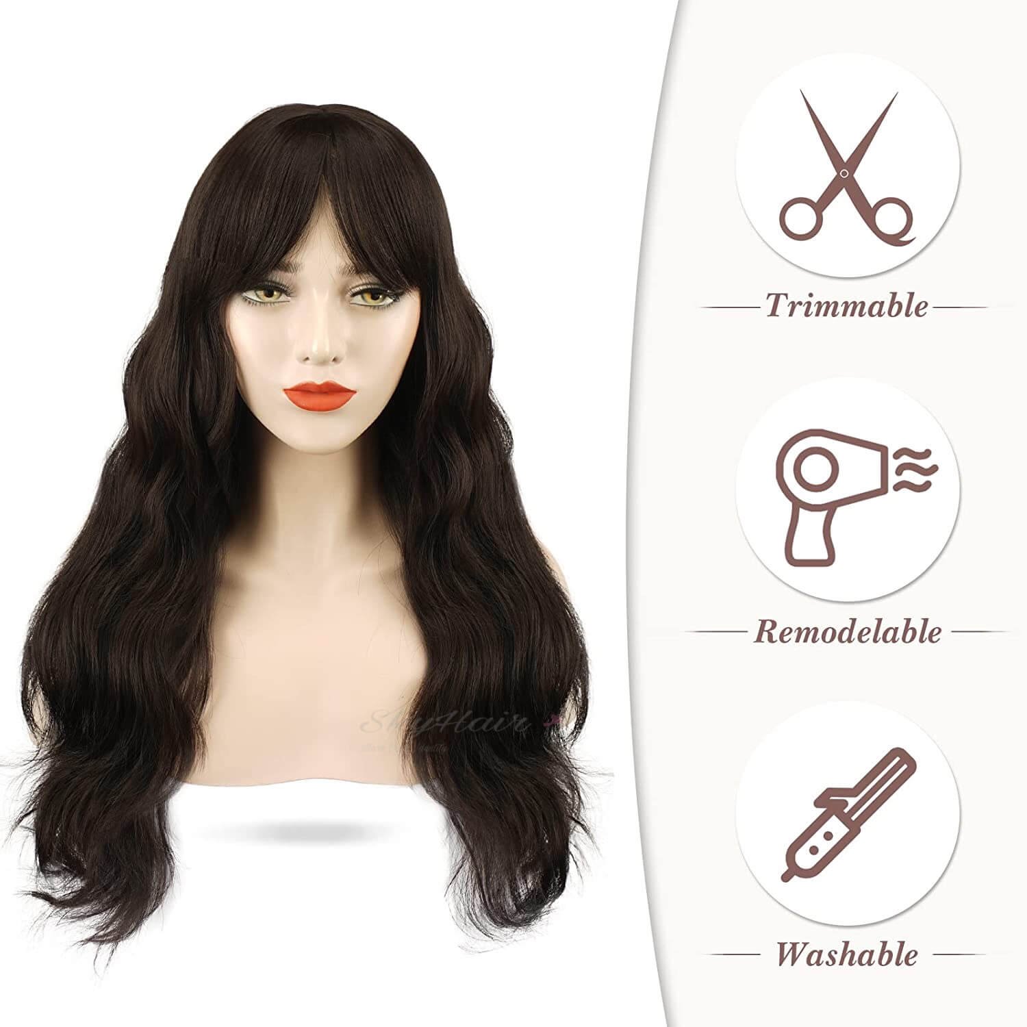 Full Head Premium Synthetic Hair Wig with Front Bangs (Matte Brown 4 Number) - Image 6