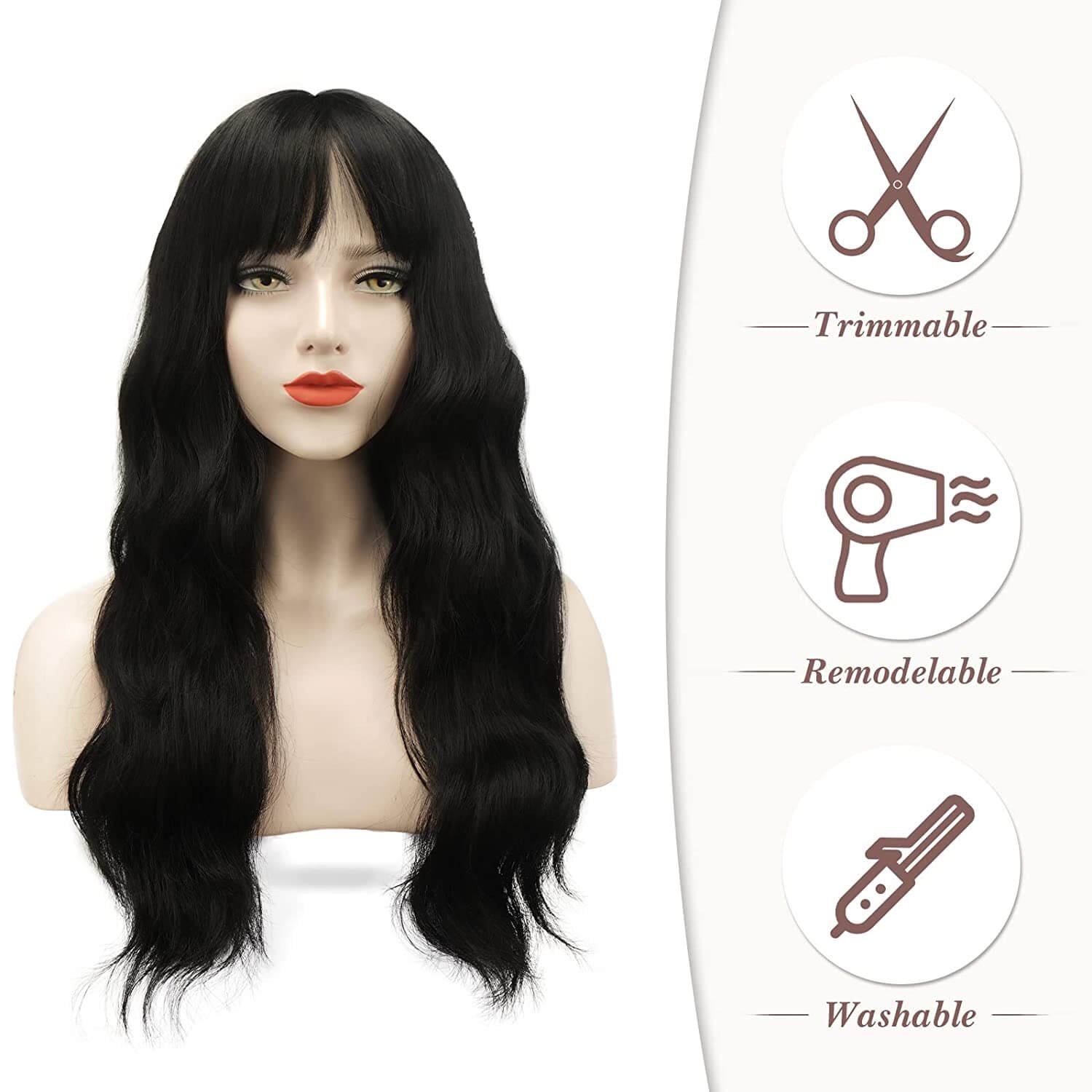 Full Head Premium Synthetic Hair Wig with Front Bangs (Matte Black) - Image 4