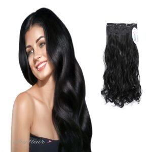 5 Clips based Curly/Wavy 24 Inch Black Matte Finish Hair Extensions 200 grams