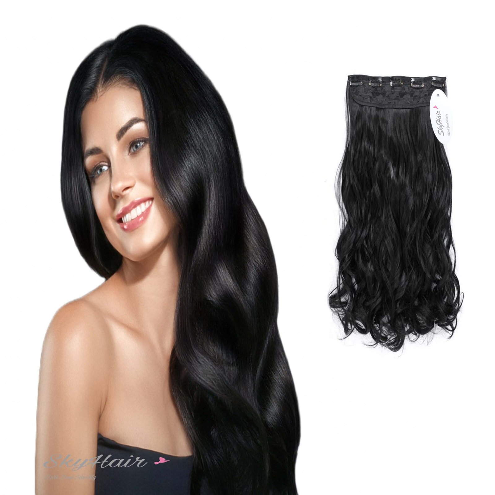 5 Clips based Curly/Wavy 24 Inch Black Matte Finish Hair Extensions 200 grams
