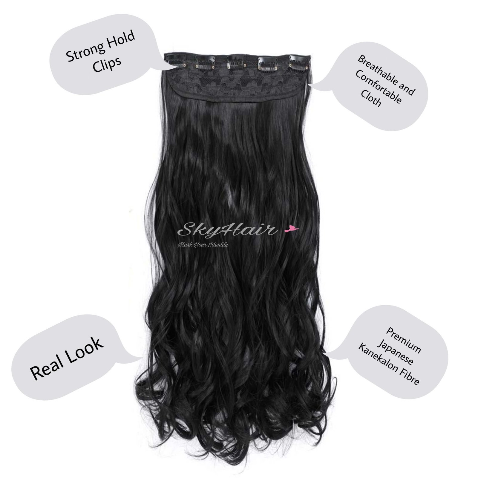 5 Clips based Curly/Wavy 24 Inch Black Matte Finish Hair Extensions 200 grams - Image 2