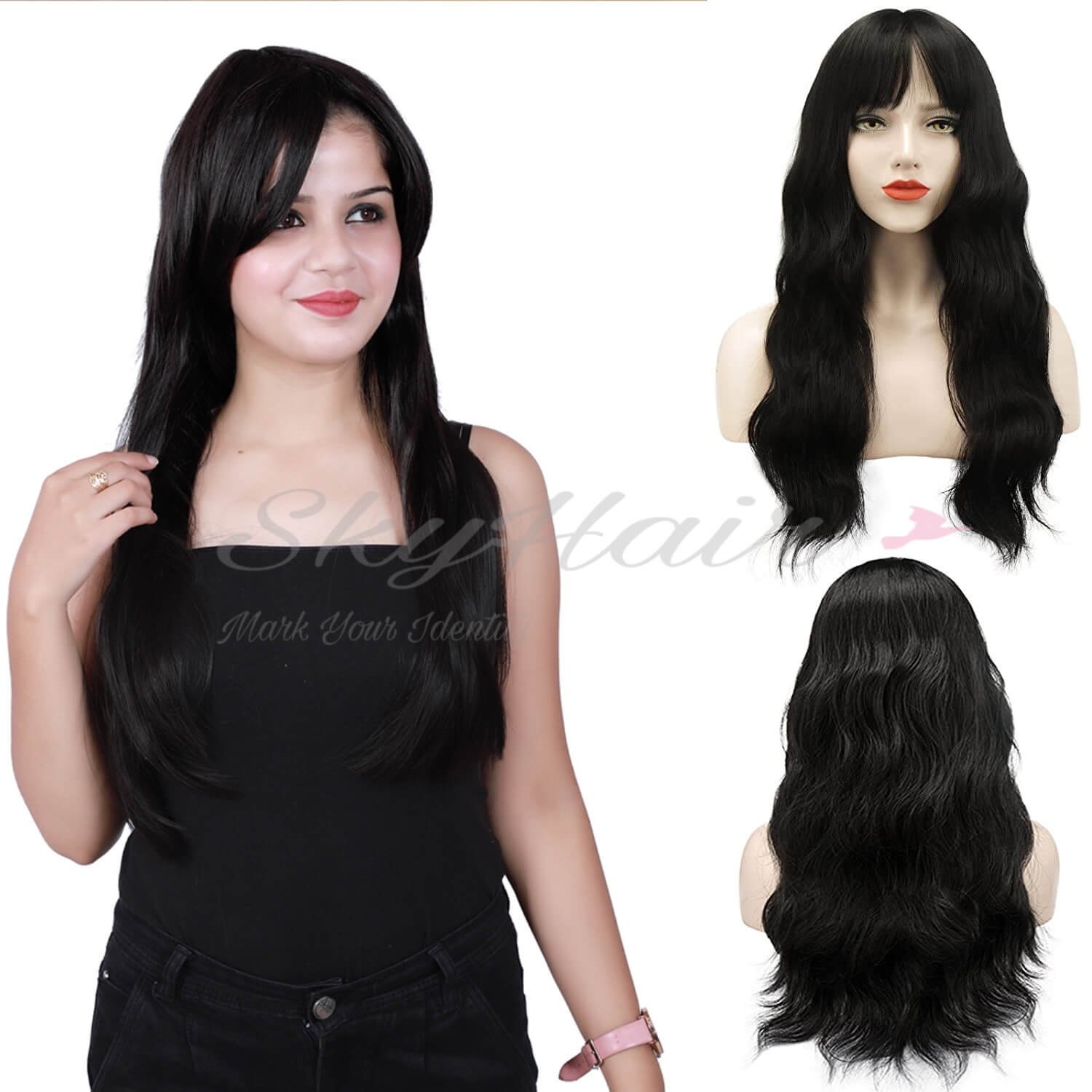 Full Head Premium Synthetic Hair Wig with Front Bangs (Matte Black)