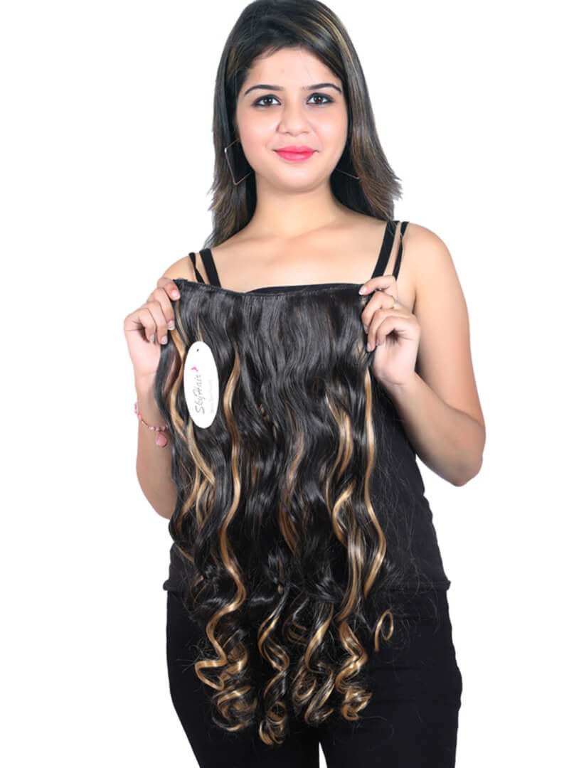 5 Clips based Curly/Wavy 24 Inch Brown with Golden Highlights Matte Finish Hair Extensions 200 grams - Image 2