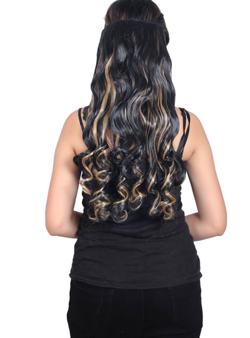5 Clips based Curly/Wavy 24 Inch Brown with Golden Highlights Matte Finish Hair Extensions 200 grams - Image 3