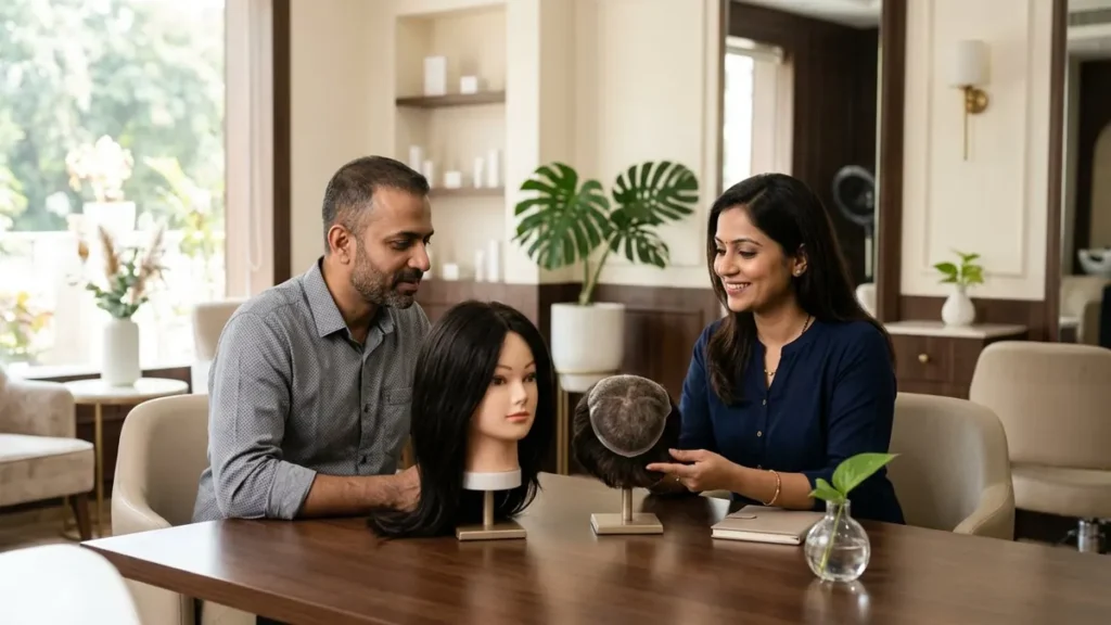 Client comparing a full hair wig and partial hair patch during a consultation