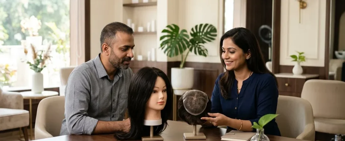 Client comparing a full hair wig and partial hair patch during a consultation