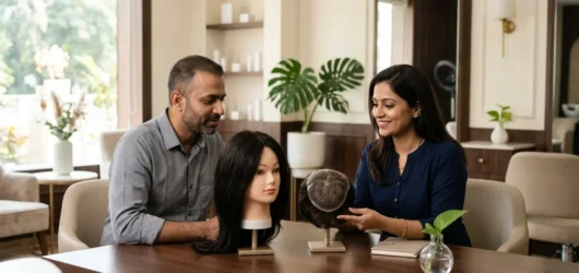 Client comparing a full hair wig and partial hair patch during a consultation