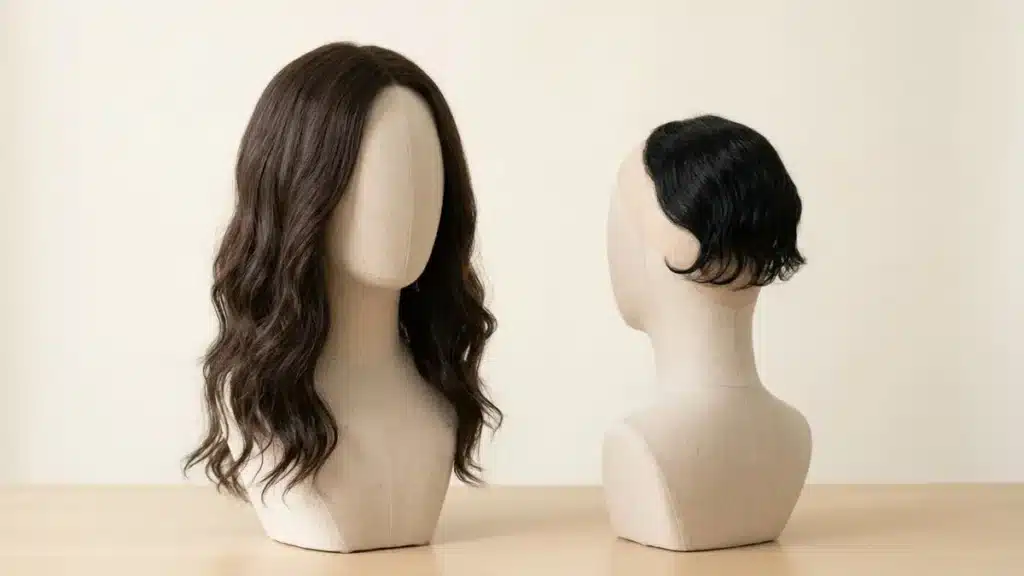 Full hair wig and partial hair patch displayed side by side