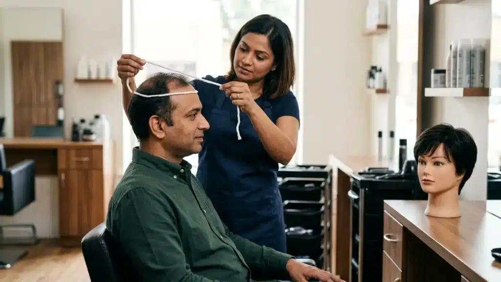 Stylist assessing the top and crown area for hair patch coverage