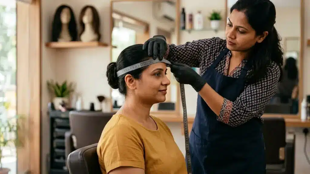 Stylist measuring head circumference for wig sizing