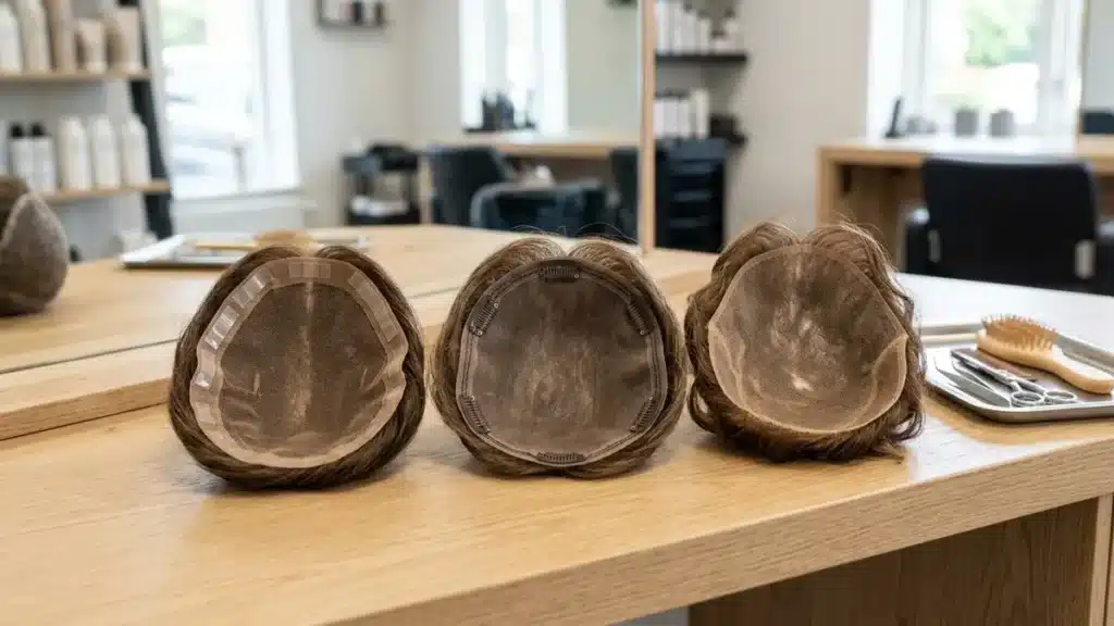 Undersides of partial hair systems prepared for different attachments