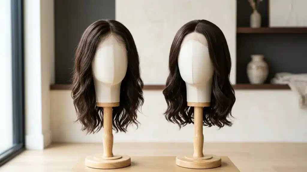 Human hair and synthetic hair wigs on display stands