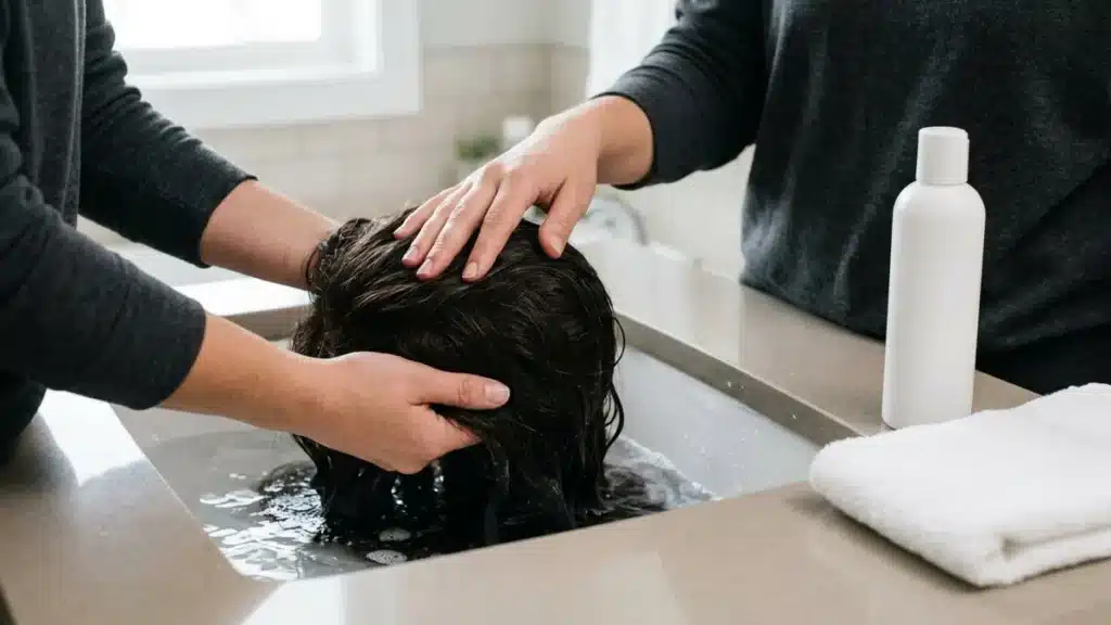 Hands washing a dark hair wig gently in cool water