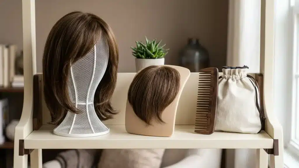 Hair wig and hair patch stored on breathable stands