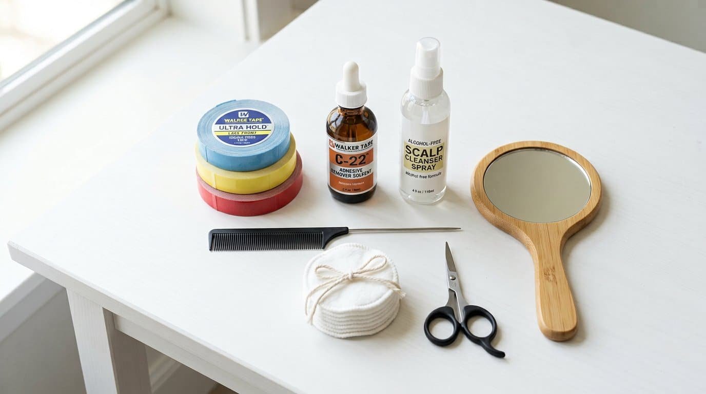 Flat lay of a complete hair patch application kit with tape rolls, adhesive remover, scalp cleanser, scissors and comb