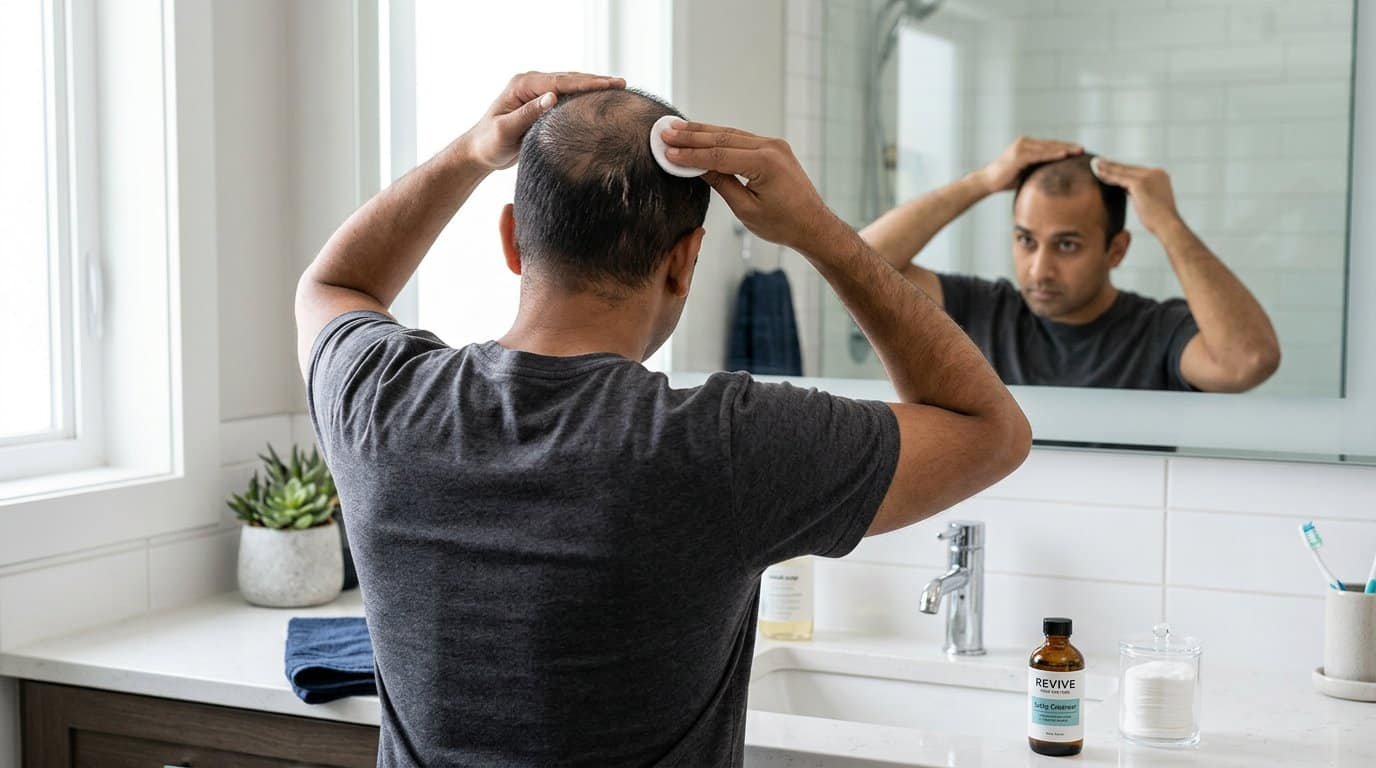 Man cleansing his scalp with a cotton pad before hair patch application