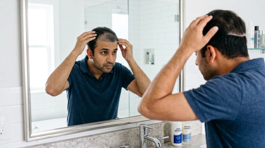 Man checking the position of a hair patch in a mirror before applying adhesive