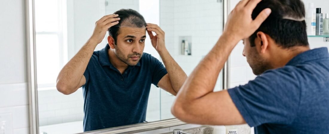 Man checking the position of a hair patch in a mirror before applying adhesive