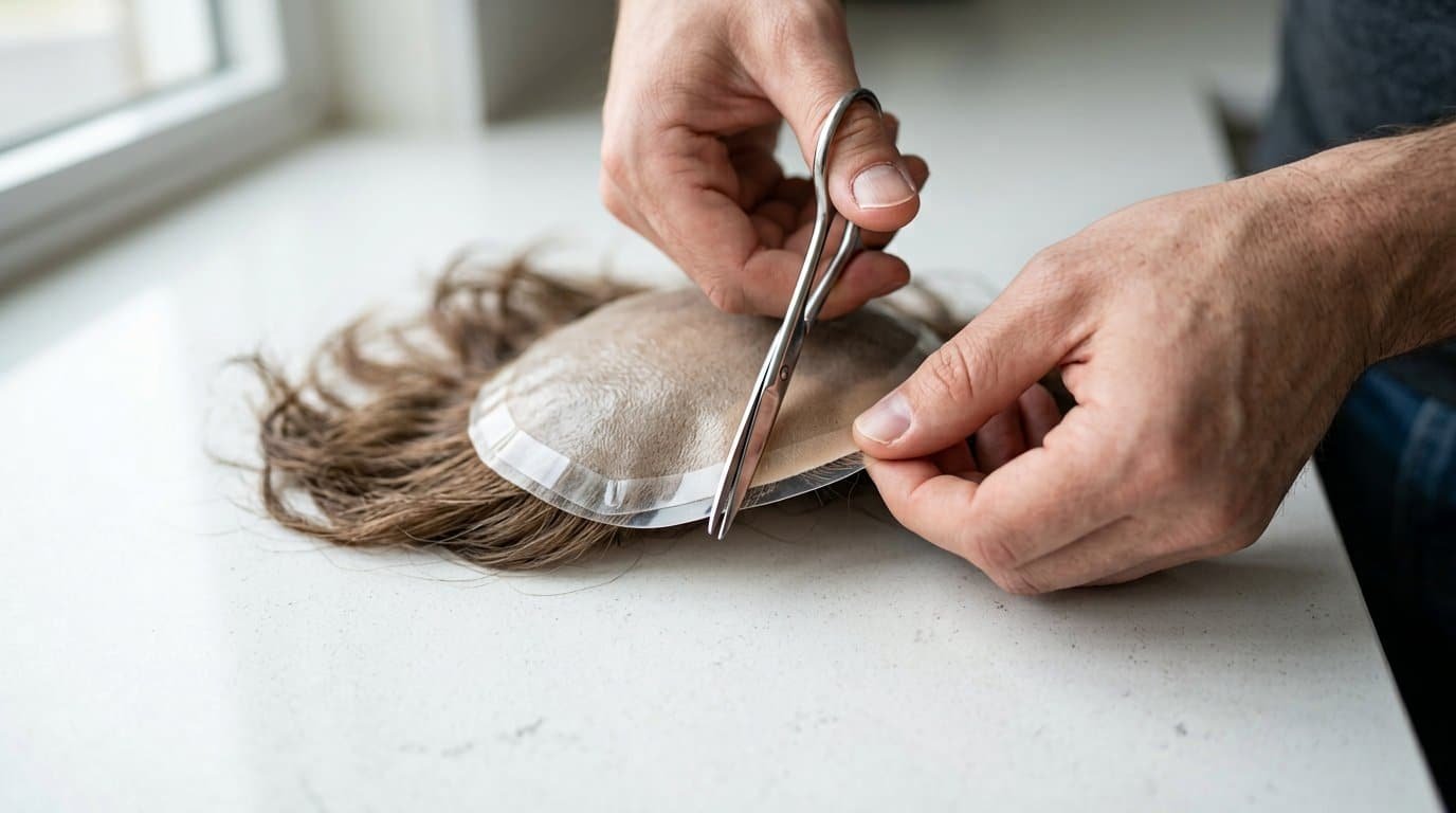 Trimming a tape strip along the edge of a hair patch base with small scissors