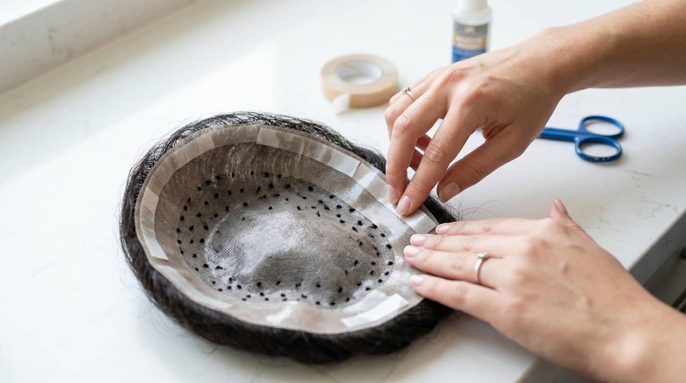 Applying double-sided tape strips around the perimeter of a hair patch base