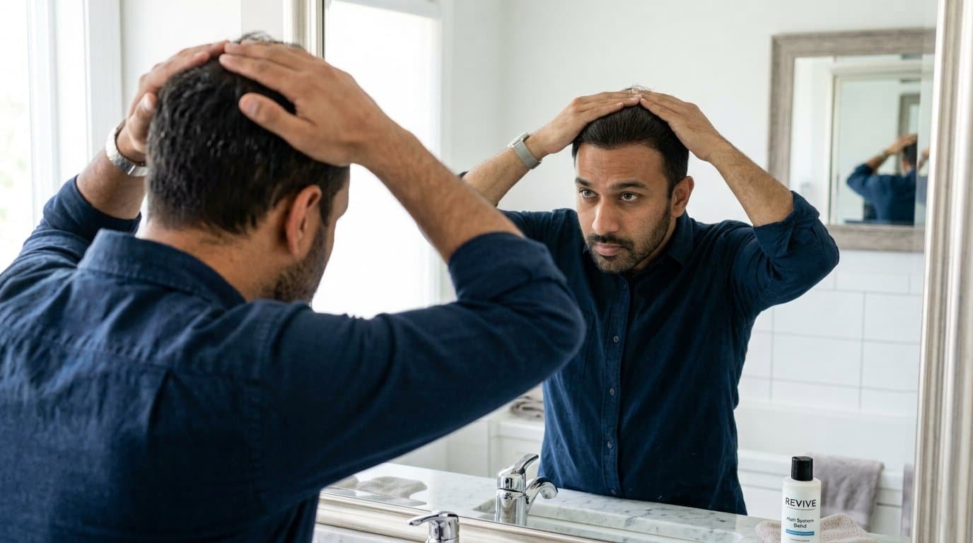 Pressing a hair patch firmly onto the scalp with both hands during application