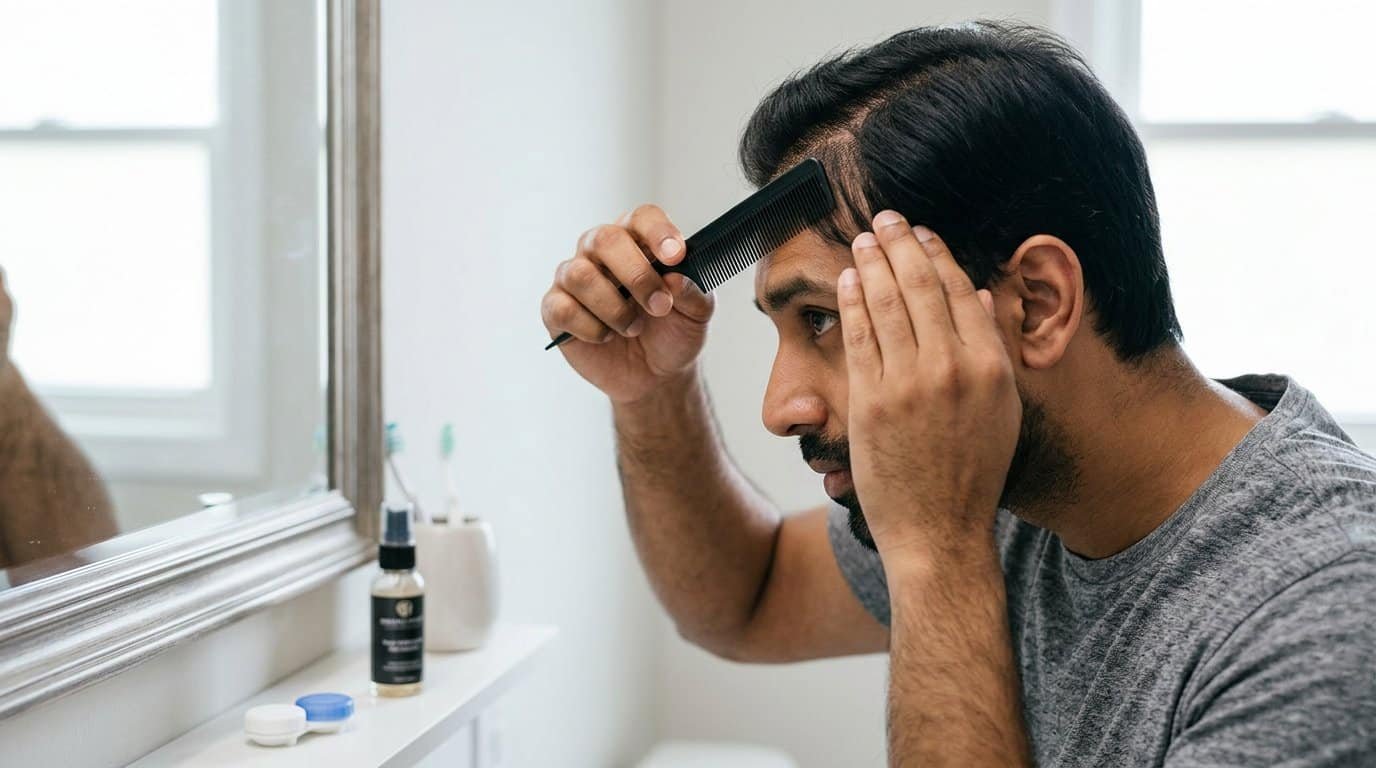 Combing natural hair over the edge of a hair patch to blend the hairline