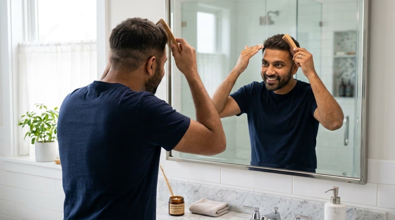 Styling a freshly applied hair patch with a comb and light-hold product