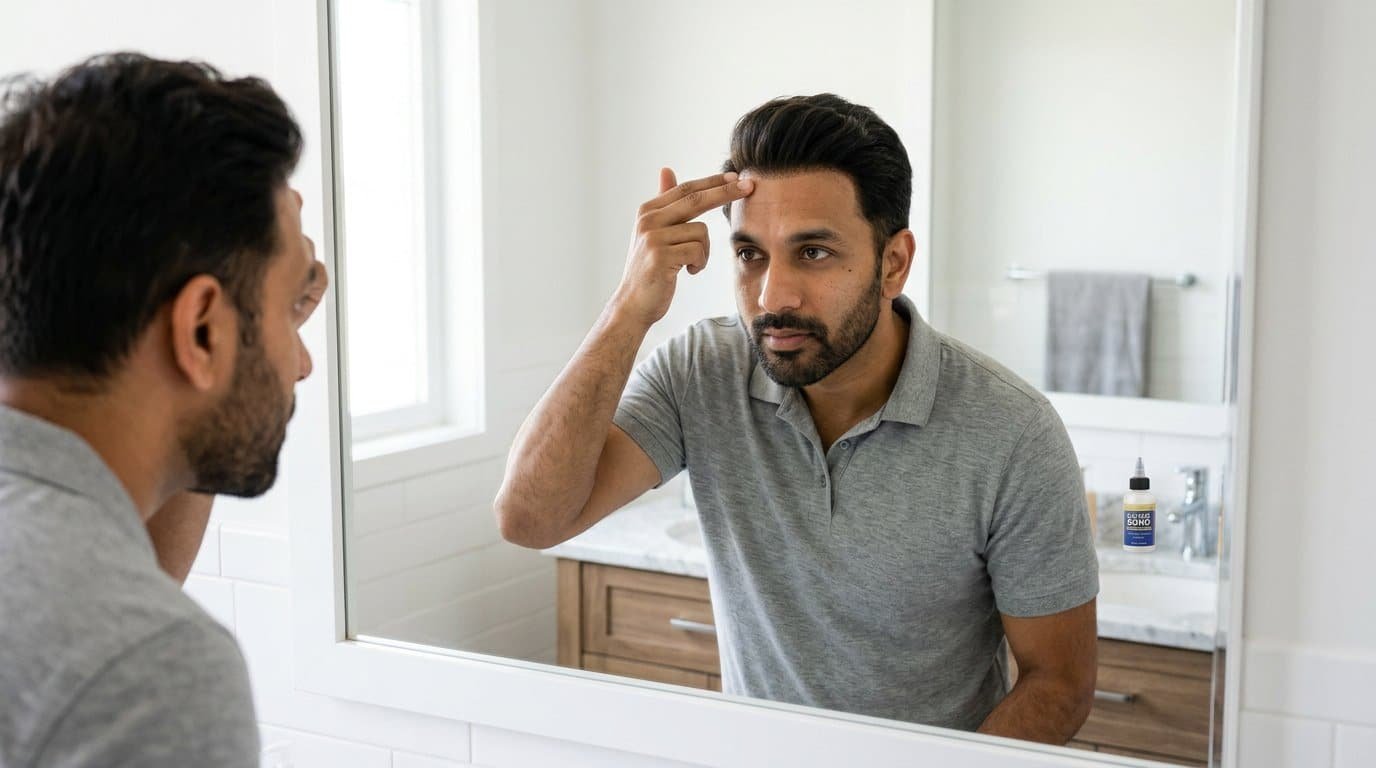 Man checking the bonded edge of his hair patch with his fingertips at the mirror