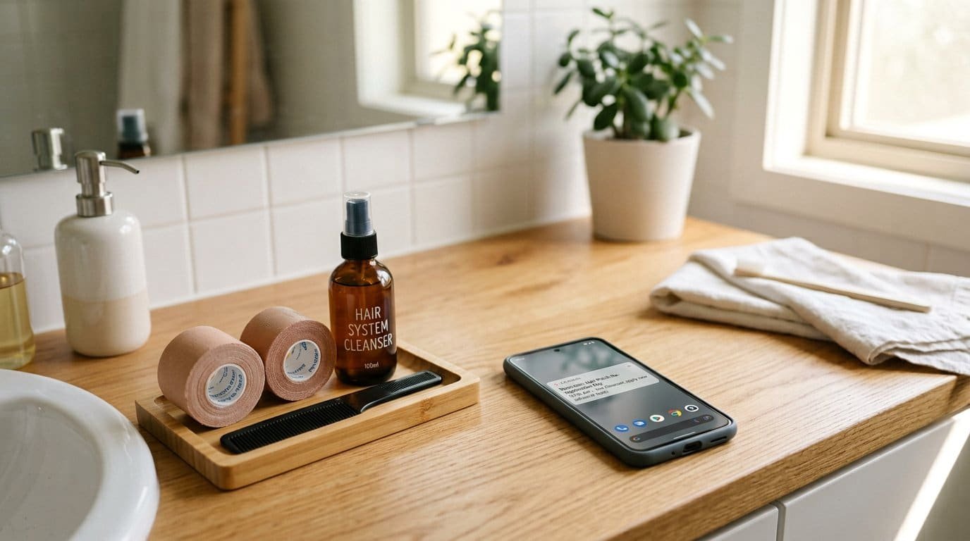 Hair patch care kit beside a phone calendar reminder for re-application day
