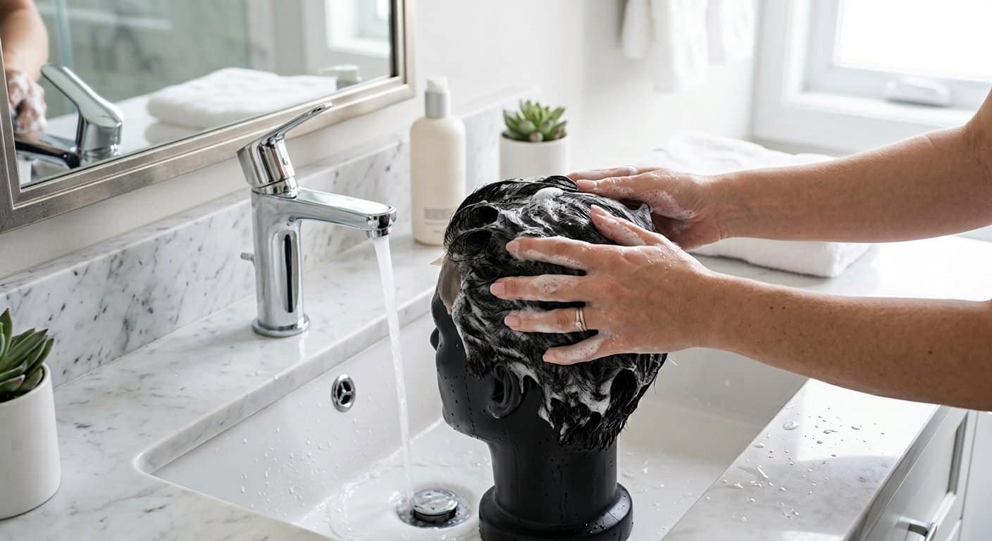 Washing a hair system with shampoo on a styling stand