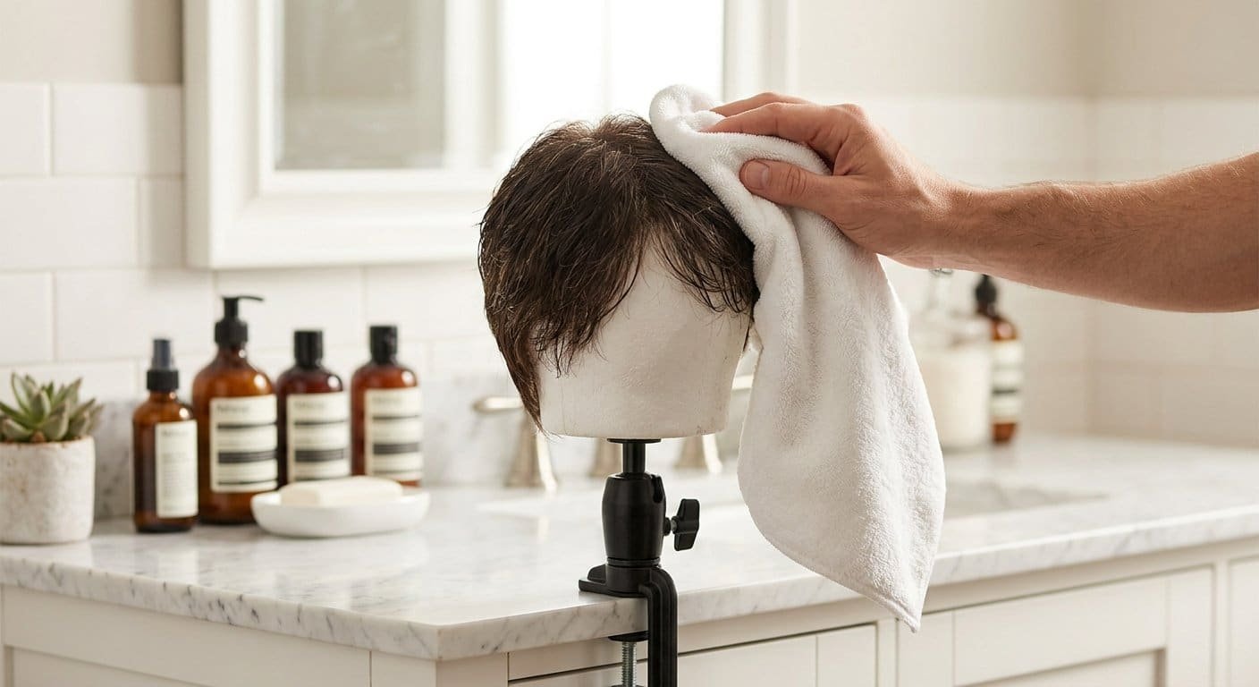 Patting a hair patch dry with a soft microfiber towel