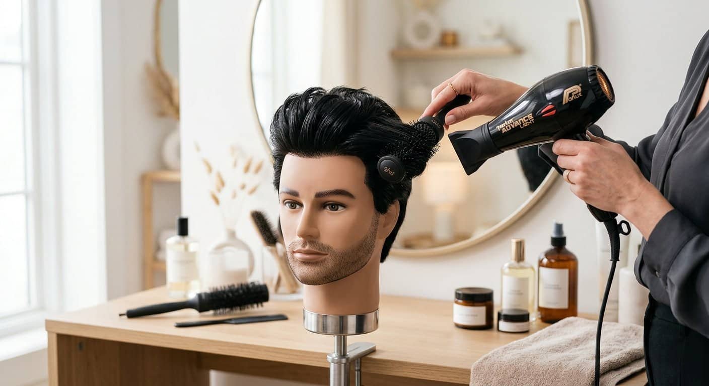 Styling a menโs hair system with a round brush and hairdryer