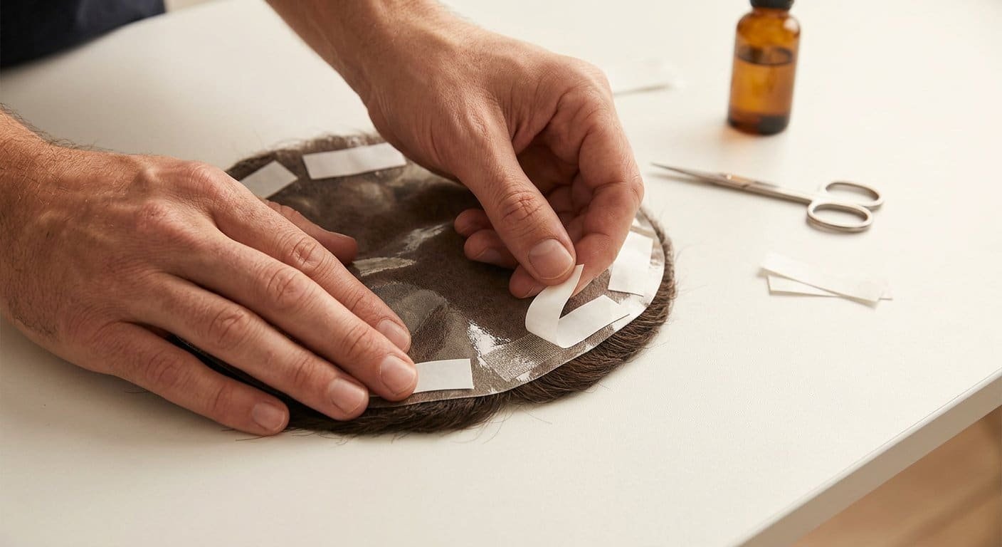 Applying double-sided tape strips to the base of a hair patch