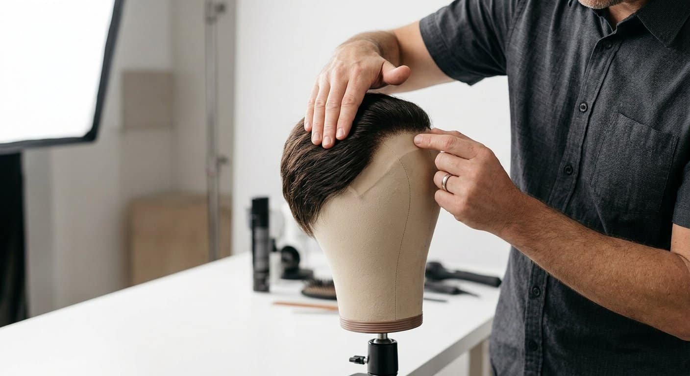 Pressing a menโs hair patch firmly onto the scalp during application