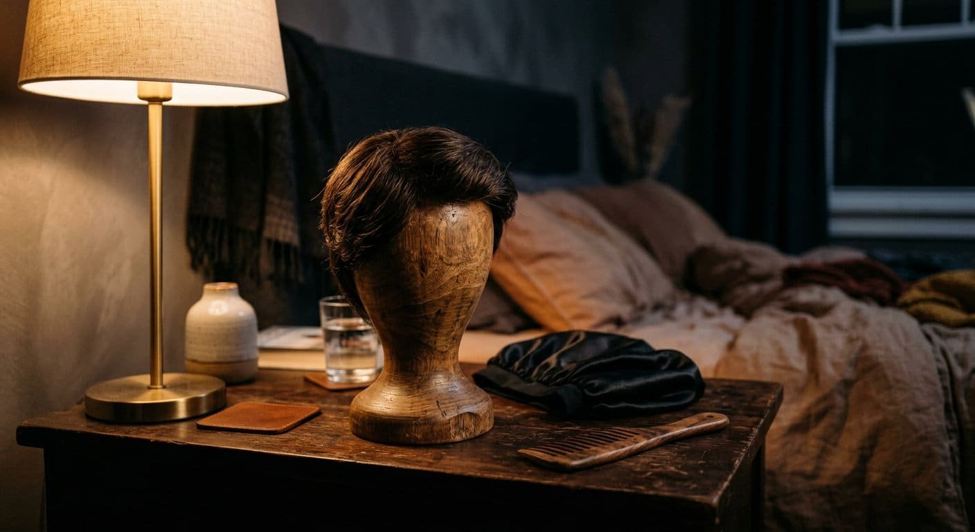 A hair patch resting on a wooden stand at night with a silk bonnet