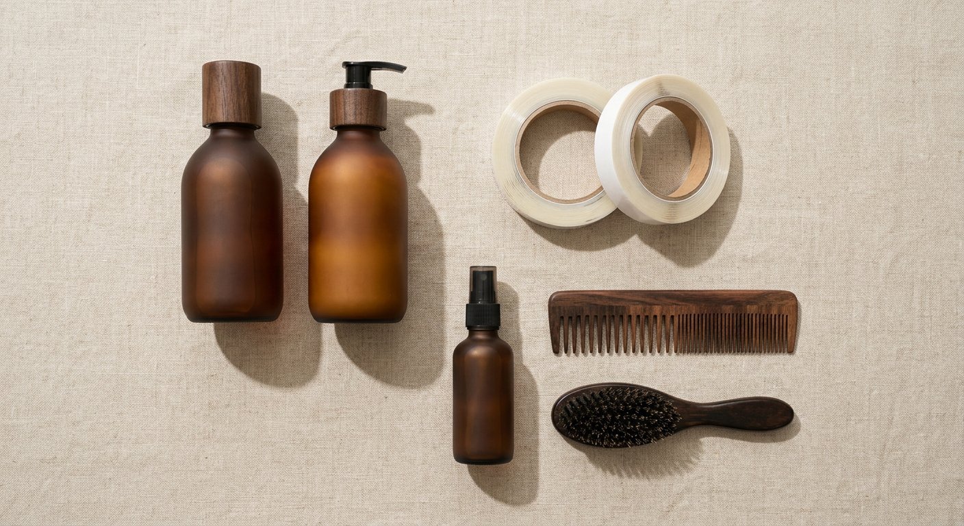 Flat lay of a complete hair system care kit