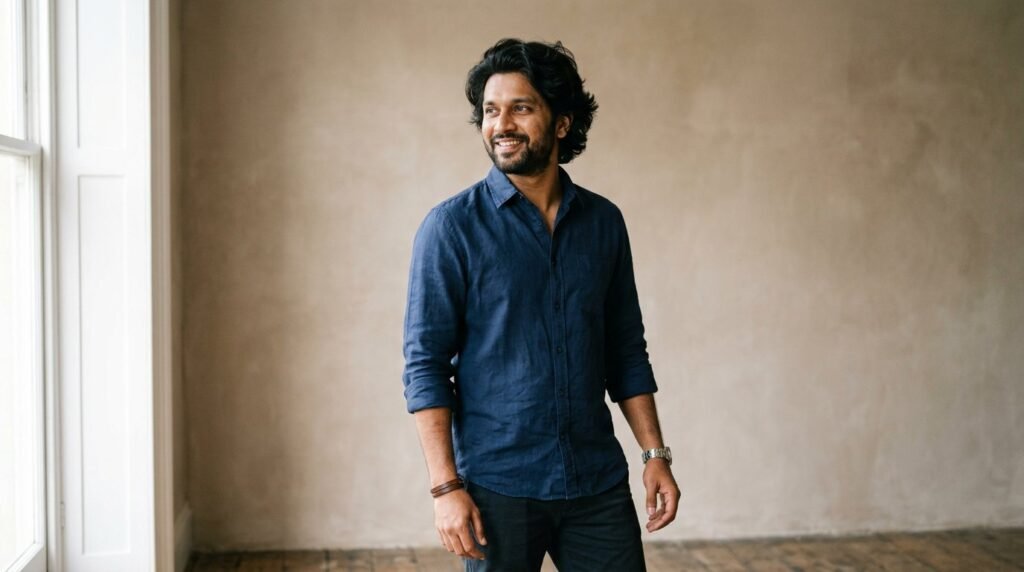 Confident man wearing a natural-looking human hair patch photographed in soft natural daylight