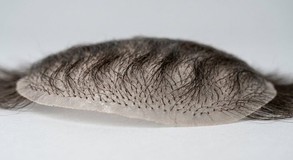 Macro view of the underside of a hair patch base showing hand-tied hair knots through the base material