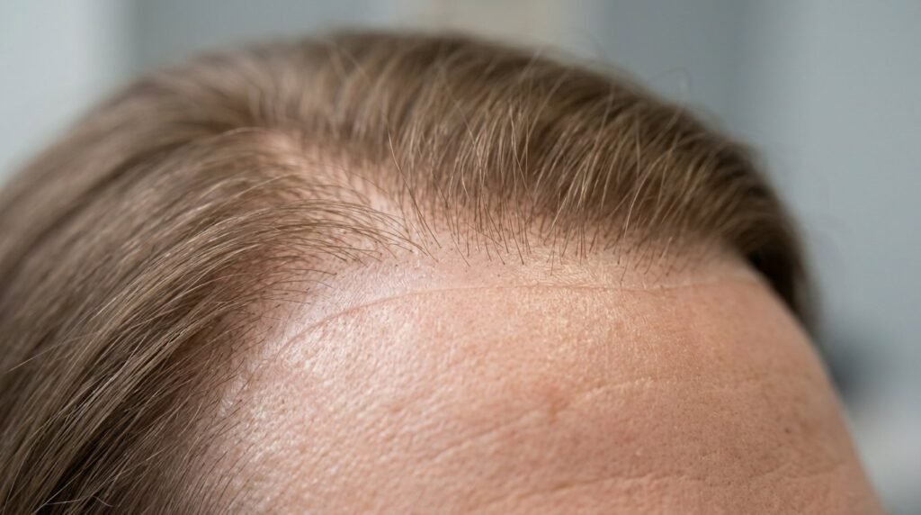 Close-up of an ultra-thin translucent skin hair patch base blending into the scalp at the hairline