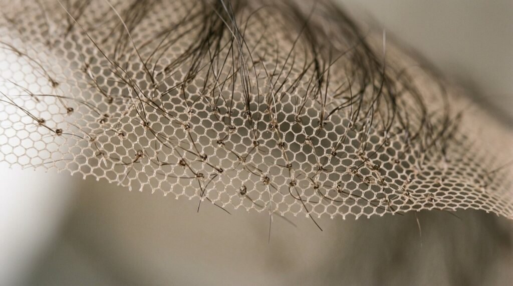 Macro photograph of lace hair patch base mesh with individually hand-tied hair knots