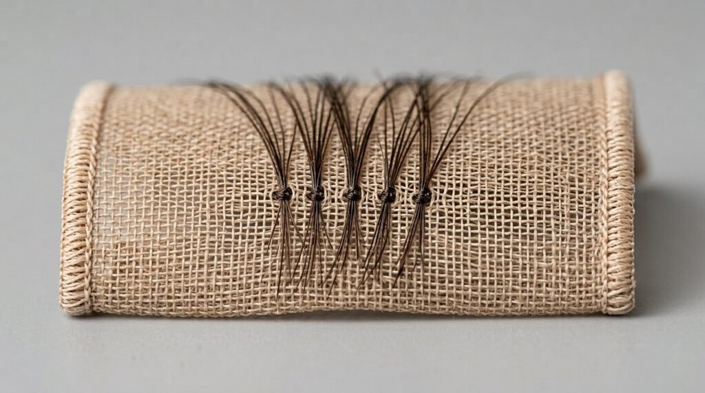 Close-up of a monofilament hair patch base swatch showing durable fine woven mesh