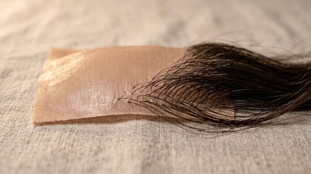 Close-up of a silk top hair patch base with no visible knots and a scalp-like appearance