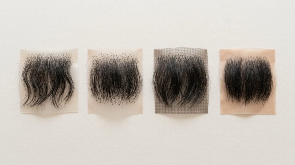 Four hair patch base swatches laid side by side showing skin, lace, monofilament and silk materials