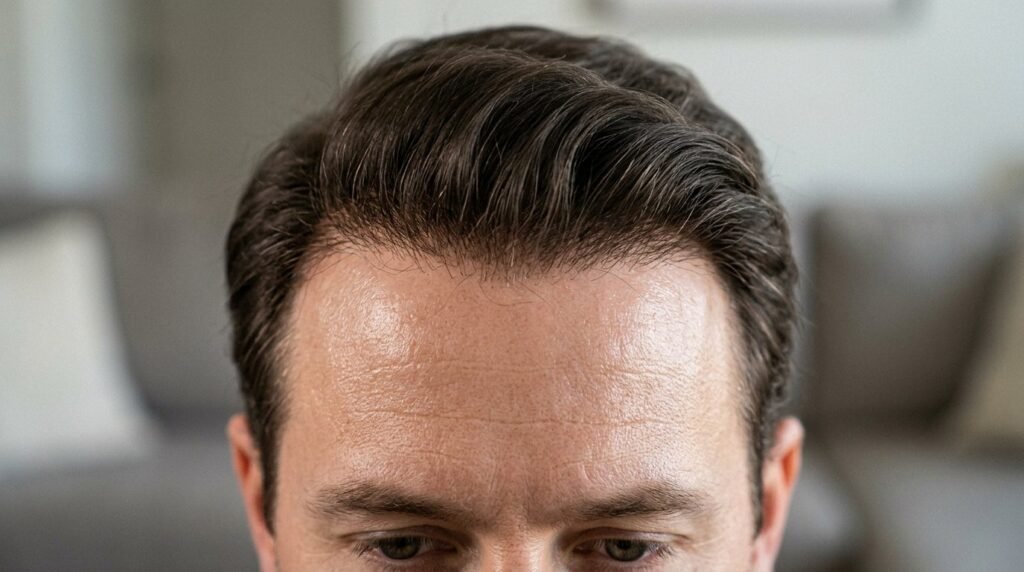 Close-up of a natural-looking hair patch front hairline blending into the forehead