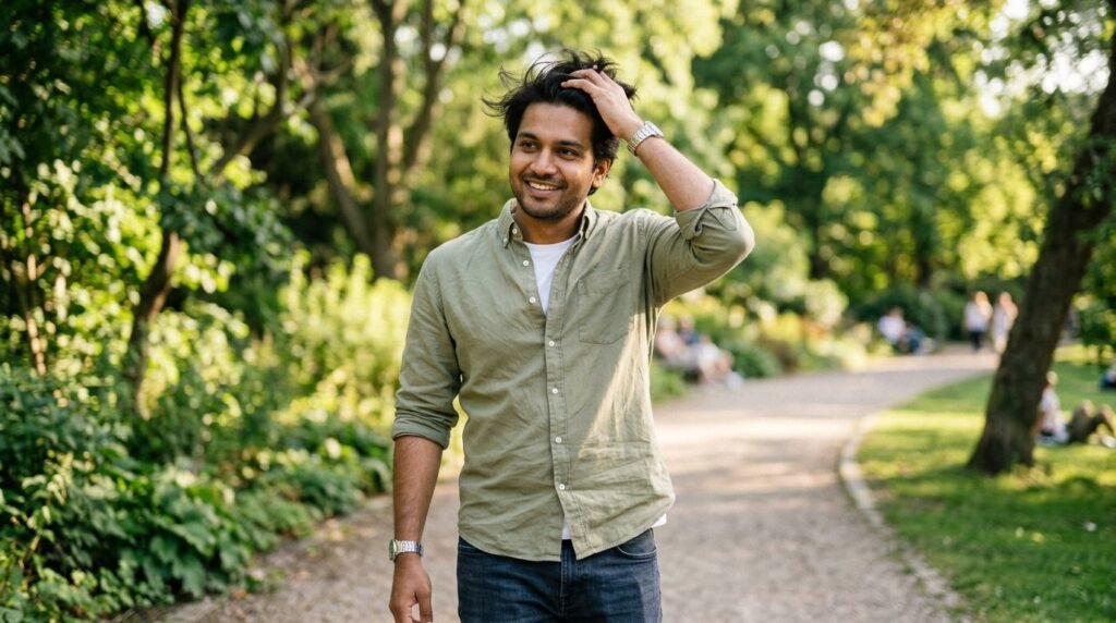 Man outdoors on a breezy day running his hand through his hair wearing a breathable hair system