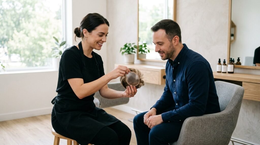Hair specialist showing base material swatches to a client during a hair patch consultation