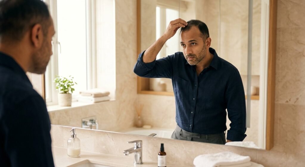 Man examining the top of his head in a bathroom mirror while considering hair loss options