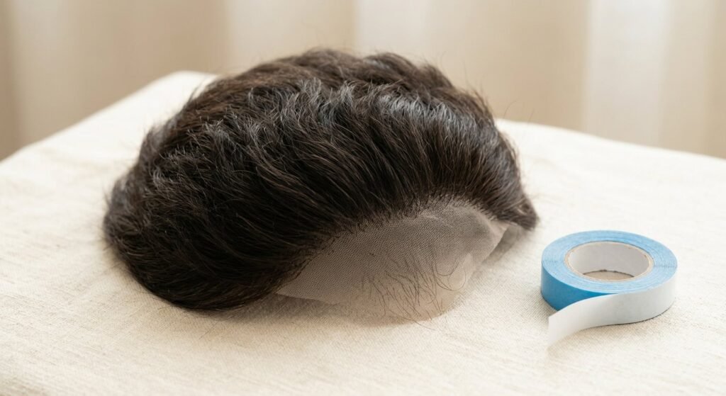 Close-up of a thin transparent base men's hair patch with natural dark brown human hair